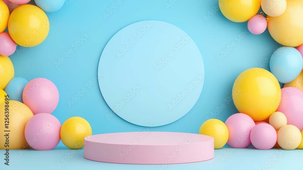 Poster colorful background with round platform and balloons for showcase