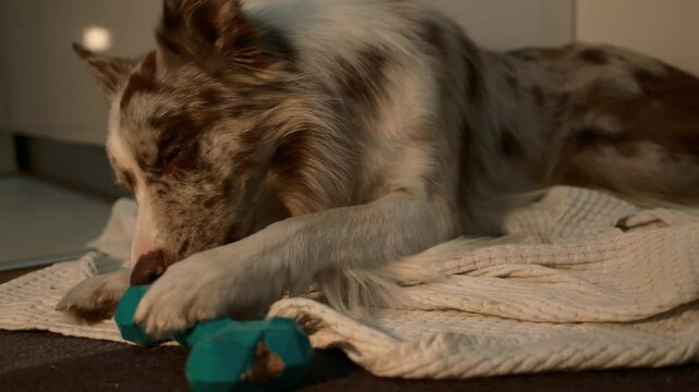 A young spotted dog is lying on a blanket on the floor of the house and there is a frozen pate in a special toy bone. Red merle border collie relaxes while licking soft food
