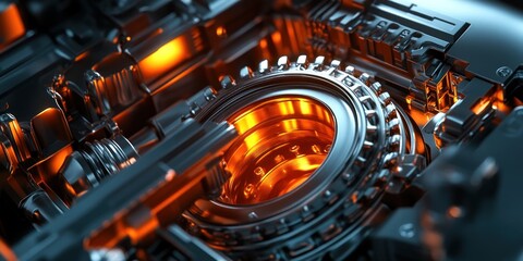 Fototapeta premium Intricate Machinery: A Glowing Core of Gears and Mechanisms