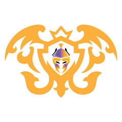 A detailed ornamental logo featuring a knight's helmet with a gradient of purple and gold, enclosed in a shield with decorative wings and a crown motif. The design blends medieval and heraldic styles.