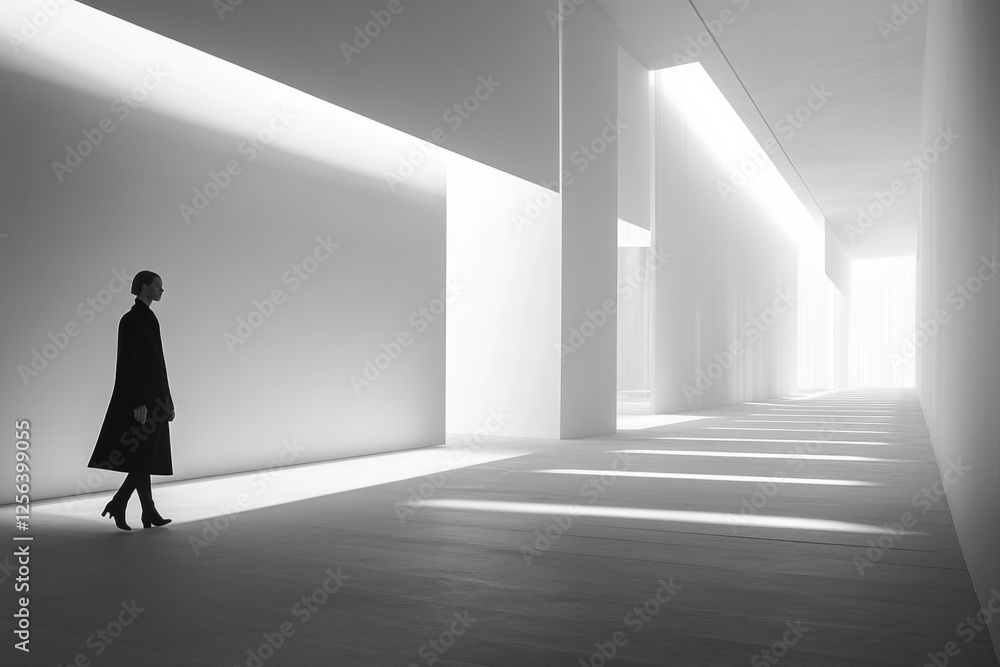 Aufkleber Monochromatic runway featuring clean lines and soft lighting, highlighting minimalist design and a lone figure walking. Generative AI