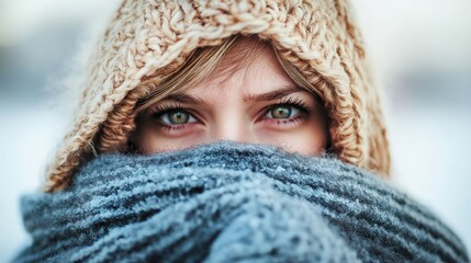 Woman with blue eyes wrapped in a thick scarf, standing in a snowy winter landscape