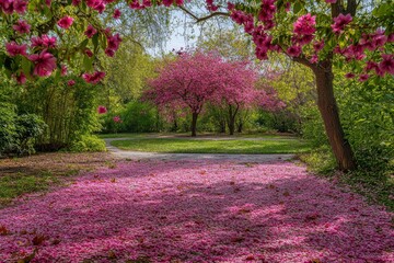 Naklejka premium Beautiful flowering trees create a vibrant carpet of pink petals in a serene park setting