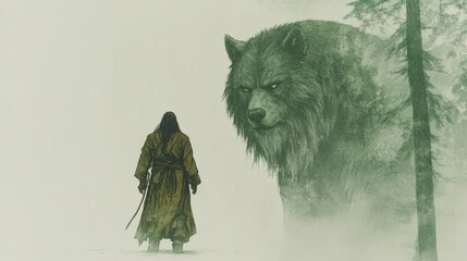 A lone figure in a flowing robe faces a massive, ethereal wolf in a misty forest. An air of mystery and anticipation hangs in the air.