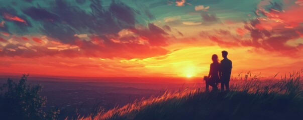 Fototapeta premium Silhouetted couple watching vibrant sunset over scenic hilltop landscape