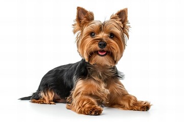 Photo Idea: Cheerful Blue Gold Yorkshire Terrier Dog Sitting Up and Smiling, on Transparent Background