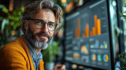 A thoughtful man with glasses focuses on a rich data visualization displayed on a screen, reflecting the analytical nature of modern business environments and data-driven discussions.