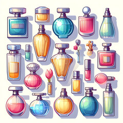 Top view, flat lay of a set of perfume bottles on a white blank background

