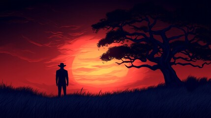 Fototapeta premium Silhouette of a man in a hat, gazing at a vibrant sunset. A lone tree stands nearby, adding to the dramatic scene.