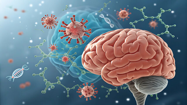 Prions do not contain genetic materials, Unlike other infectious agents, such as bacteria, viruses, and fungi. prions protein molecules scattered on the human brain 3d rendering
