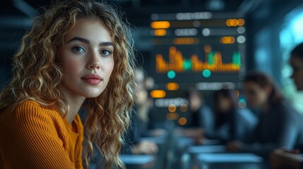 A young woman with curly hair sits confidently, looking towards the camera, suggesting engagement at a corporate meeting surrounded by colleagues in an office setting.