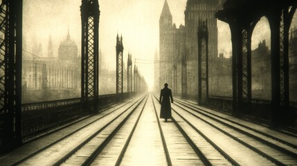 Fototapeta premium A solitary figure walks down a long, empty train track, framed by imposing structures and a hazy city backdrop. Sepia-toned, evoking a mood of mystery and contemplation.