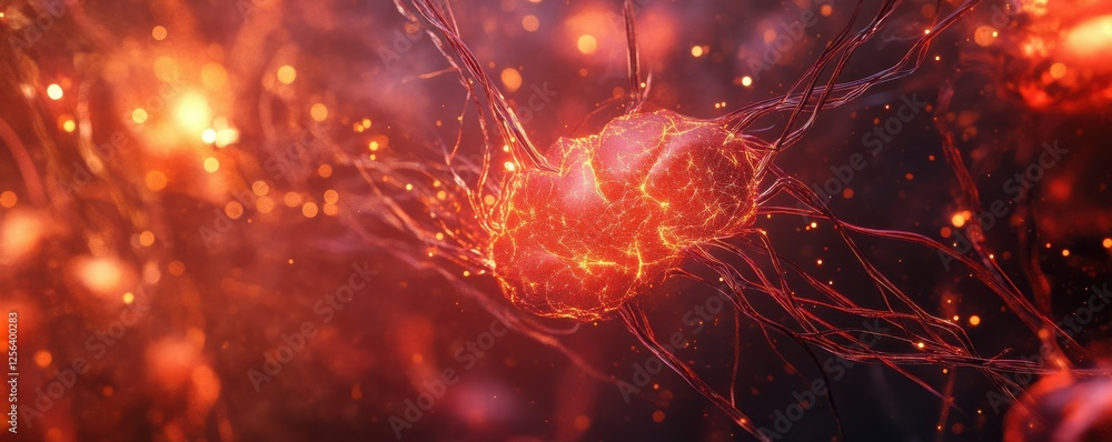 Poster glowing neural network: abstract visualization of brain neurons and synapses in vivid colors
