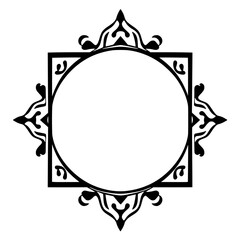 A symmetrical ornamental black and white design of a square with a circle inside. A square frame surrounding a circle.