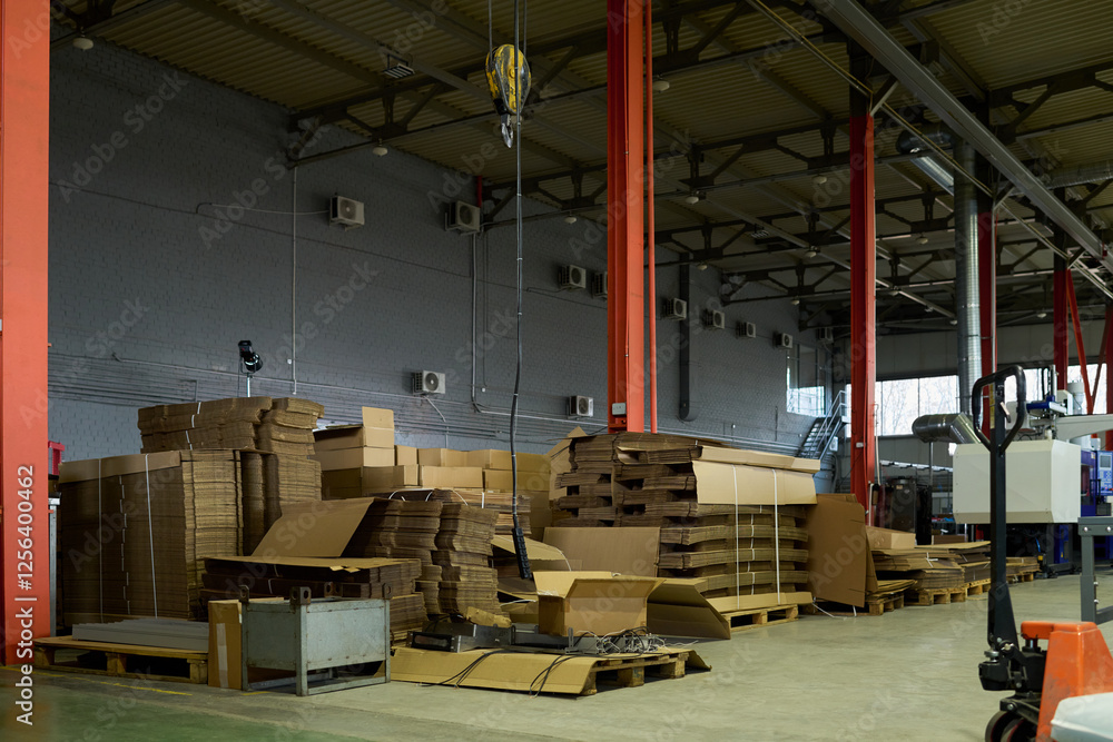 Poster row of stacked cardboard sheets on pallets and packed boxes standing on the floor of spacious wareho