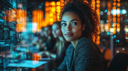 A confident woman with curly hair glances back at the viewer while working in a corporate meeting room, highlighting dynamics in teamwork and communication.