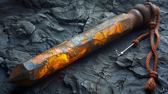 Intricately designed firestarter staff with glowing amber patterns and a leather cord resting on a rugged surface