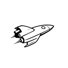 Sleek Black and White Spaceship Flying Across a White Background, Retro-Futuristic Design with Emphasis on Silhouette.