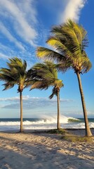 Palm trees sway under blue sky with rolling waves in the background on a sunny beach
