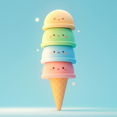 Ice cream with happy faces on blue background