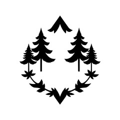 Obraz premium Black and white, minimalist stylized forest scene, with trees surrounding a central stylized mountain.
