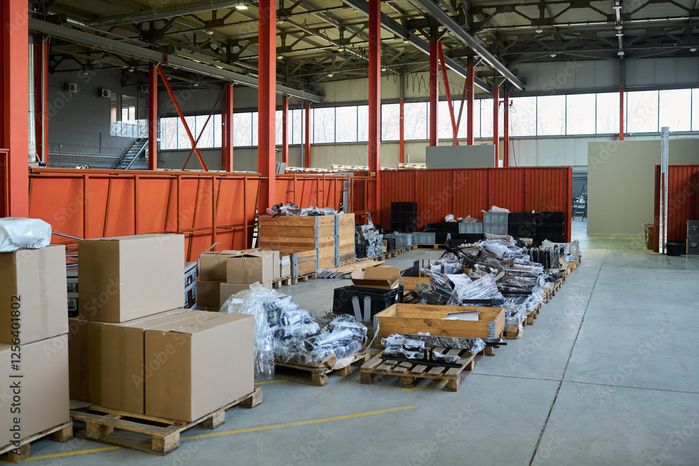 Aufkleber Row of wooden pallets with stacks of packed cardboard boxes and wrapped spare parts produced at modern factory
