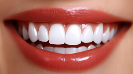Perfect white teeth showing healthy smile with red lipstick, dental care and cosmetic dentistry concept for oral hygiene and beauty