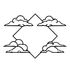 Four clouds framing a rhombus, outline, minimalist, black, white, symmetrical, weather, clouds.