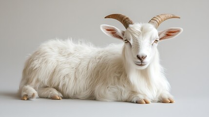 Fototapeta premium A white goat with curving horns lies calmly, looking forward