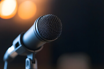 Fototapeta premium Close-up of a microphone on a stand, illuminated by soft, warm lights in a dimly lit venue, suggesting a performance or public speaking event. 