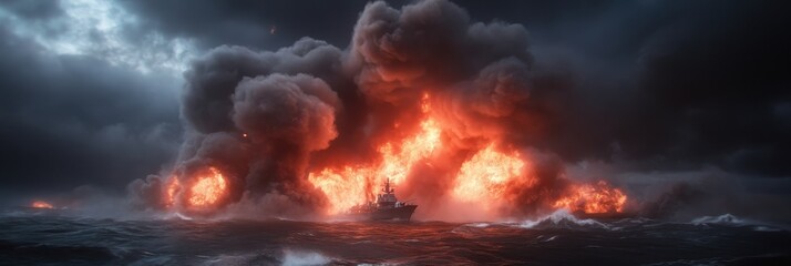 Intense naval battle with warships amidst explosive fire and smoke