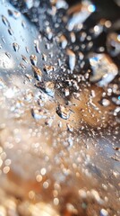 Raindrops on a window reveal a blurred cityscape during sunset in an urban setting