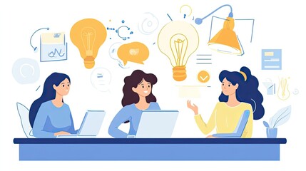 Businesswomen brainstorming creative ideas on a laptop, discussing strategies at a shared desk in an office