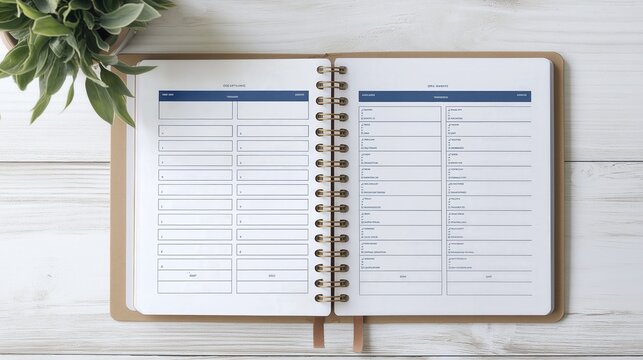 Minimalist Weekly Planner Open on White Wooden Desk