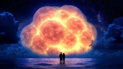 Obraz premium Silhouetted couple watches a fiery celestial event over a calm sea at night. Romantic, surreal scene.