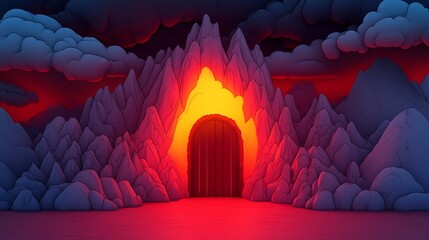 A mystical door glows within a fiery mountain range, set against a dramatic, dark sky. Surreal digital art.