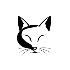 Black and White Cat Graphic: Minimalist portrait of a fox-like cat, bold contrast, stylized elegance, serene & simplistic design.