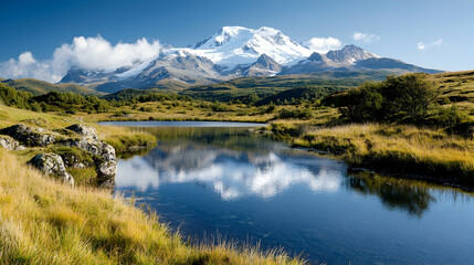 Fototapeta premium Mountain lake reflection, scenic landscape, peaceful nature
