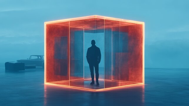 Silhouette of a man standing in a glowing orange cube.  A moody, atmospheric scene.