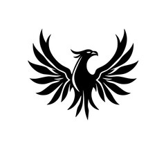 Obraz premium Black Phoenix: A symmetrical and stylized representation of a phoenix with open wings, isolated on a white background. The sleek, monochrome design emphasizes grace and power.
