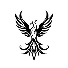 Phoenix bird soaring with wings spread: A black and white, stylized illustration of a phoenix with outstretched wings, ready for flight and featuring a simple design.