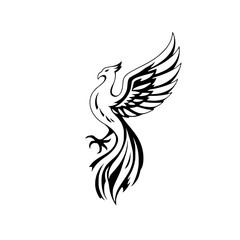 Obraz premium Phoenix rising: a stylized monochrome illustration of a phoenix in flight, showcasing intricate wing and tail details against a white background.