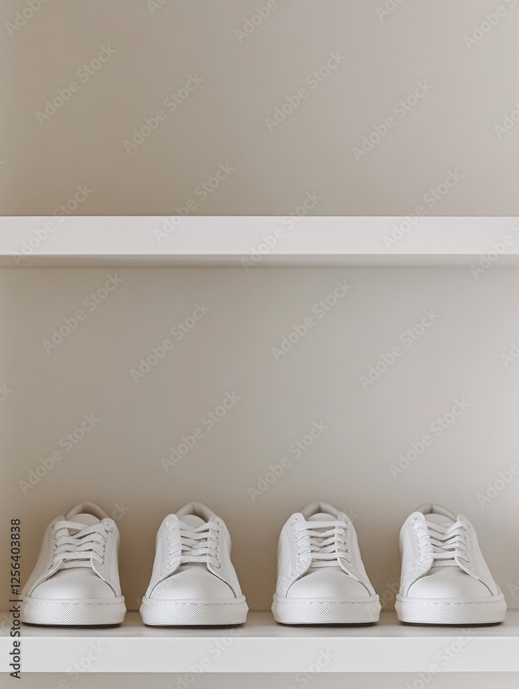 Poster stylish minimalist shoe shelf showcasing four pairs of neatly displayed white sneakers with room for