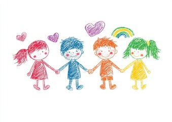 A simple line drawing of four children holding hands, each child with their own unique color and expression on a white background Generative AI