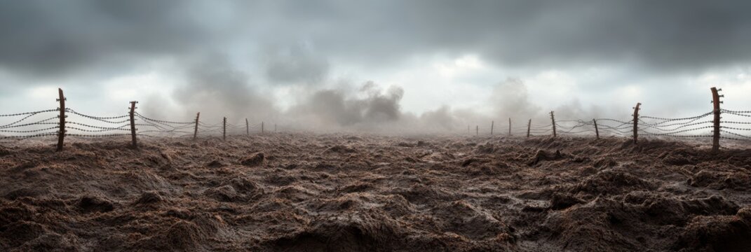 Mud-covered world war i battlefield with trenches and barbed wire