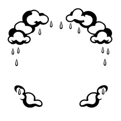 Black and white illustration of clouds and raindrops, cloud-shaped arrangement.