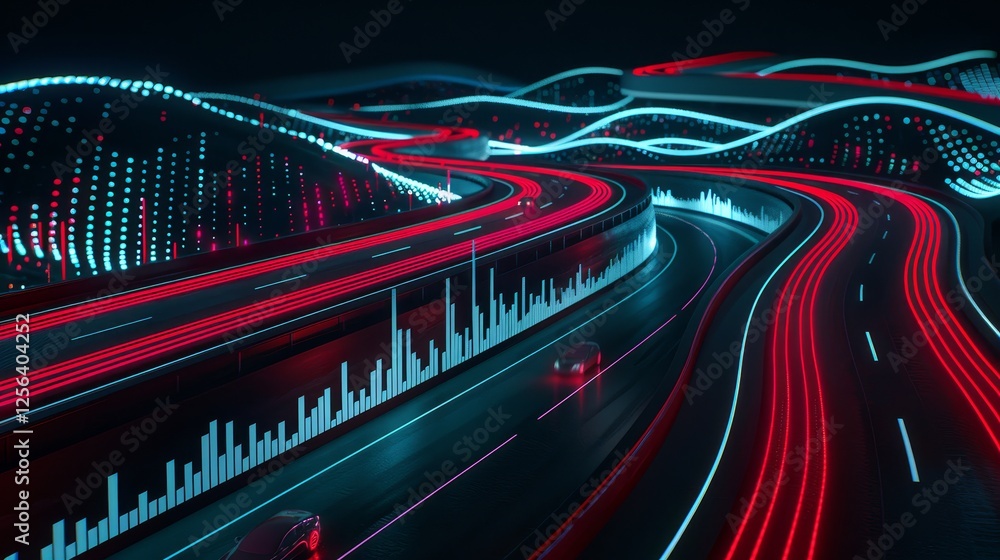 Poster illuminated digital financial chart featuring glowing lines and data visualization on dark backdrop