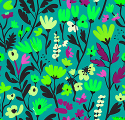 Vibrant seamless floral pattern with colorful flowers, leaves and berries on a neon background. Perfect for textiles, wallpapers and digital projects. Botanical elegance in a uniform style.