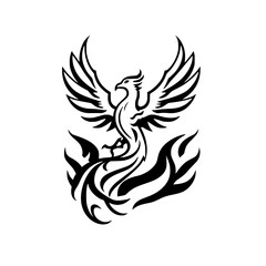 Phoenix rising from fire, minimalistic graphic depiction.