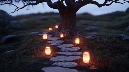 Fototapeta premium A stone path lit by warm candlelight winds through a mystical landscape, under the boughs of a large tree.
